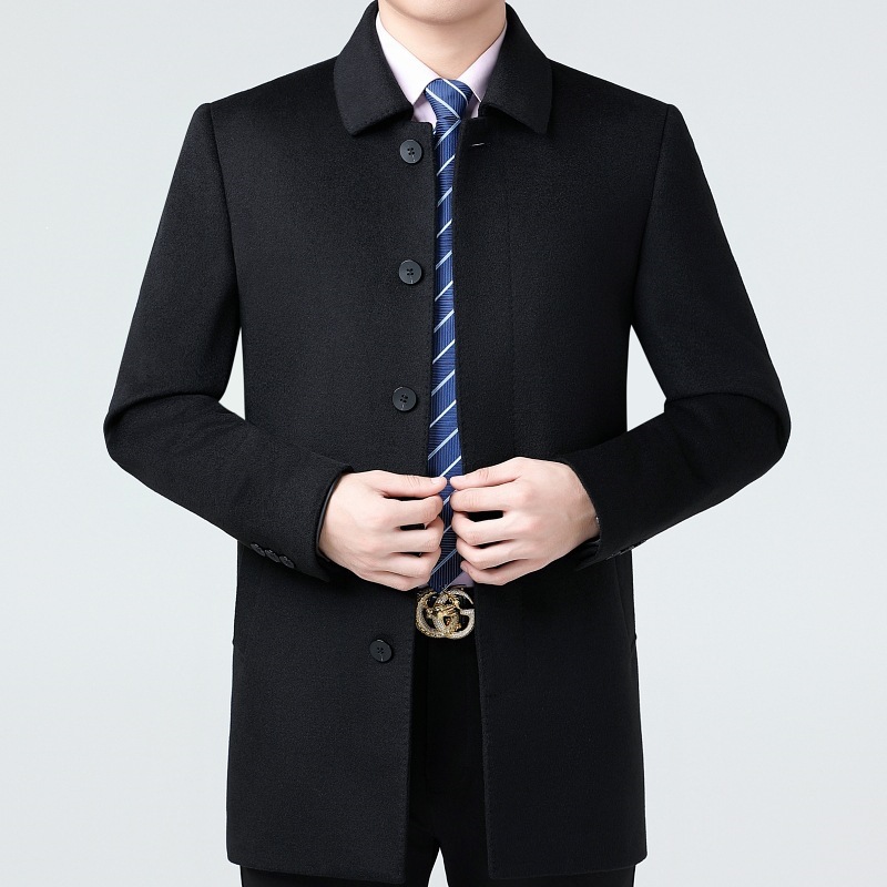 Men's Mid-Length Cashmere Overcoat for Autumn and Winter, Mid-Length, Dad Style, Collared Wool Coat with Buttons