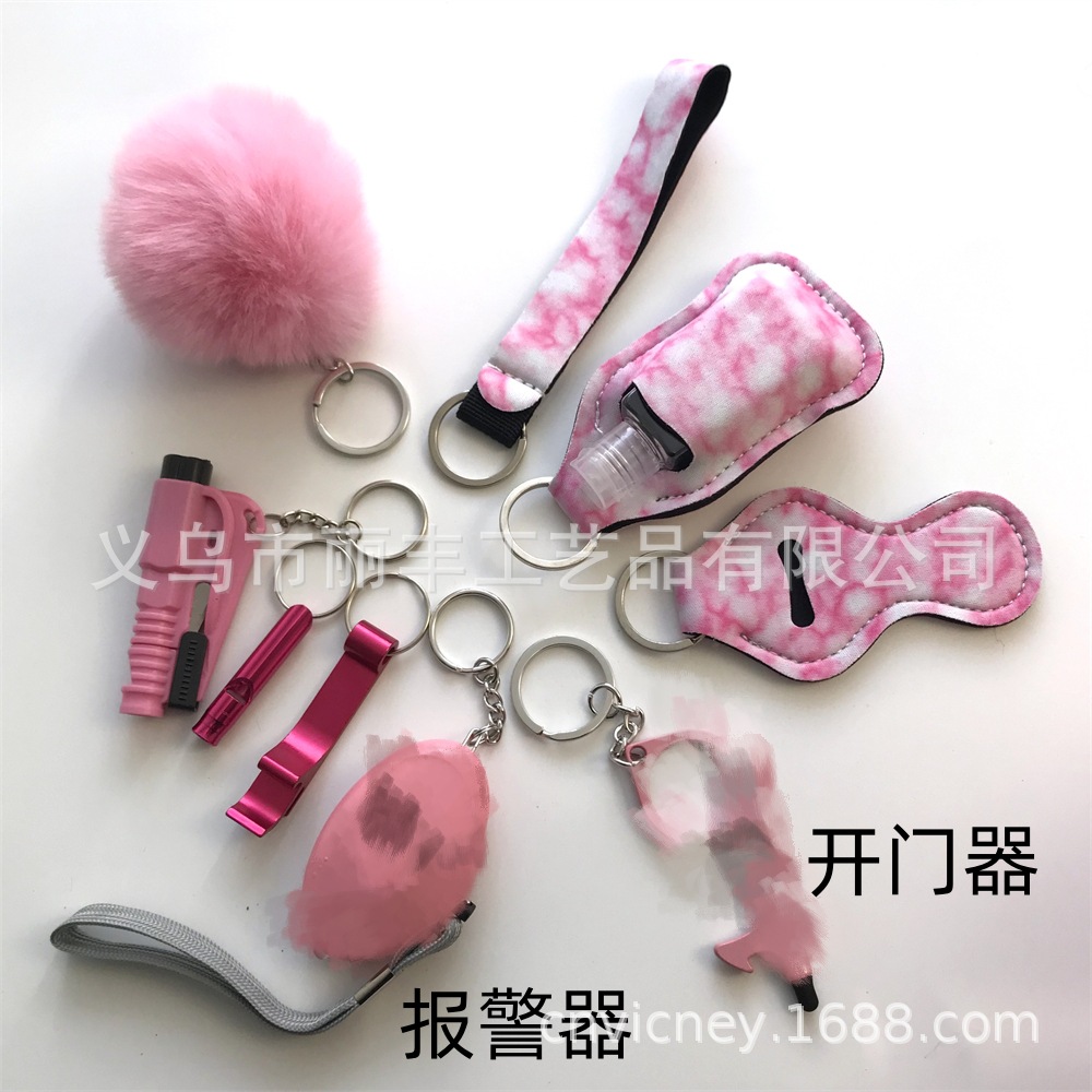 Llavero de muñeca de espejo cruzado Juego de 10 piezas Bolsa de desinfectante de manos para mujer Llavero de alarma de aluminio