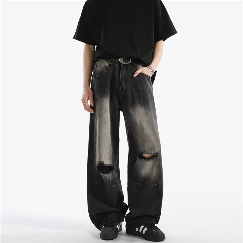High Street Ripped Jeans Men's Summer Heavy Industry Washed Straight-Leg Pants High Street Fashion Loose Wide Leg Pants
