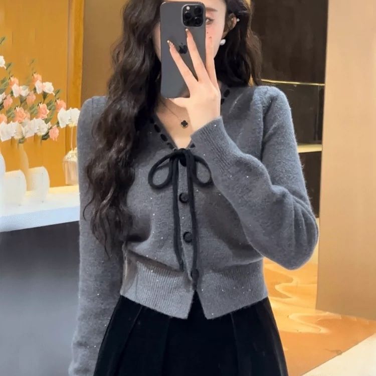 Tweed Style Knitted Knitwear Cardigan Spring Women's New Style Early Spring Shirt Wear Short Top