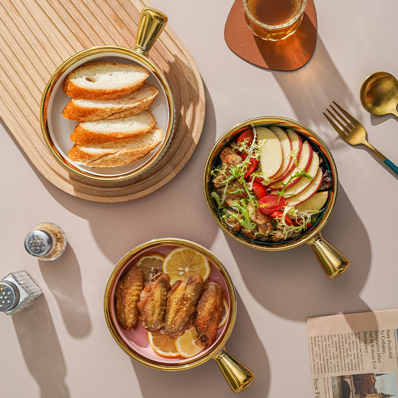 Nórdico creativo tazón de ensalada de frutas Luz de lujo dorado Borde de cerámica hogar postre tazón de fideos instantáneos vajilla de celebridades de Internet personalizada