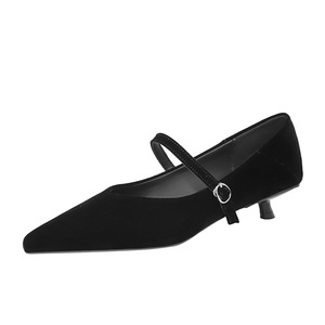 2388 Korean style pointed shallow mouth straight buckle strap low heeled women's shoes with high-end suede workplac