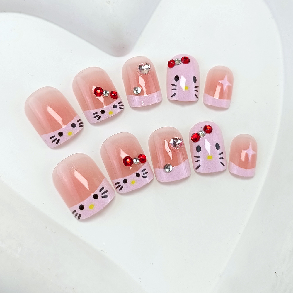 Uñas postizas con diseño de gato rosa nude, estilo francés con decoraciones de diamantes, estilo dulce de dibujos animados, 24 piezas.