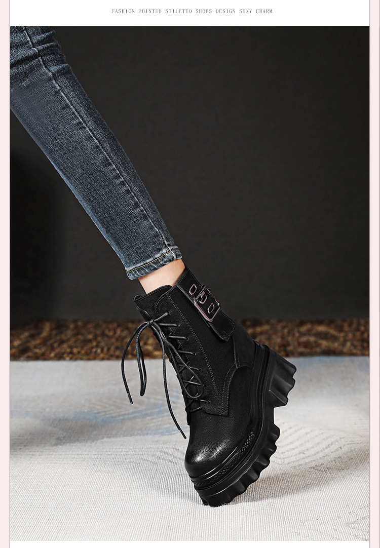 Boot nữ cổ thấp phong cách Anh quốc cổ điển, khóa kéo bên hông, đế dày 10 cm tăng chiều cao — Lót nhung đen chi tiết 9
