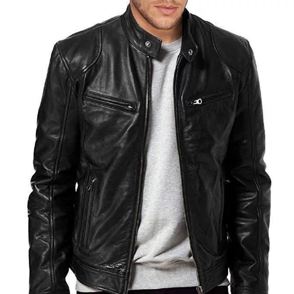 Foreign Trade European and American Men's Leather Jackets, Men's Leather Jackets for Teenagers, Stand-Up Collar Punk Men's Motorcycle Leather Jackets with Logo