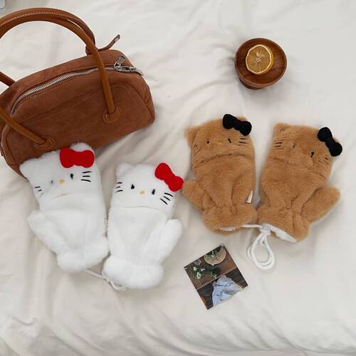 Cute Cat Half-Finger Foldable Fuzzy Mittens for Women, Autumn and Winter Warmth, Fleece Lined and Thickened, Student Cycling Cold-Proof Gloves