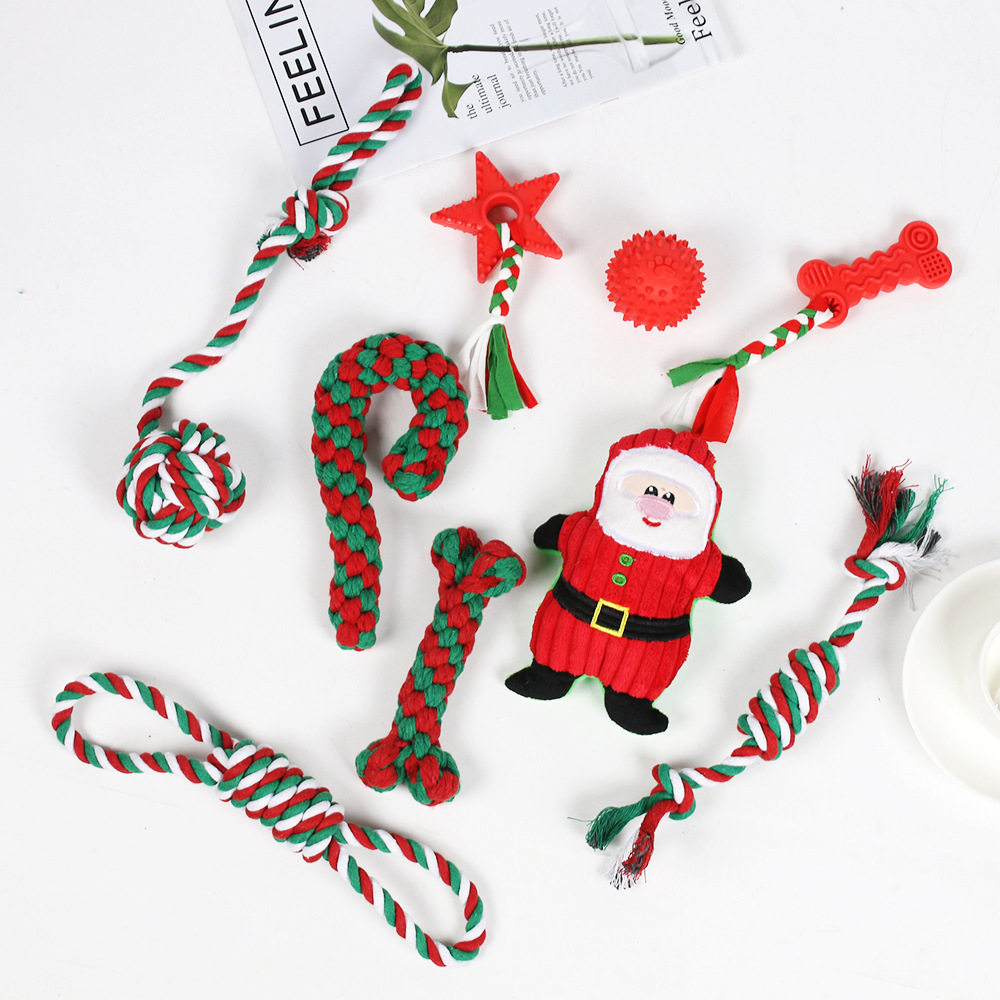 Juguetes para perros de gran venta transfronterizos, juego de juguetes de cuerda de algodón navideños para mascotas, juguete para la dentición, alivio del aburrimiento, juguete navideño con nudos resistentes a las mordidas.