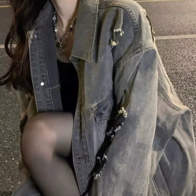 Retro denim autumn jacket, cardigan, oversize