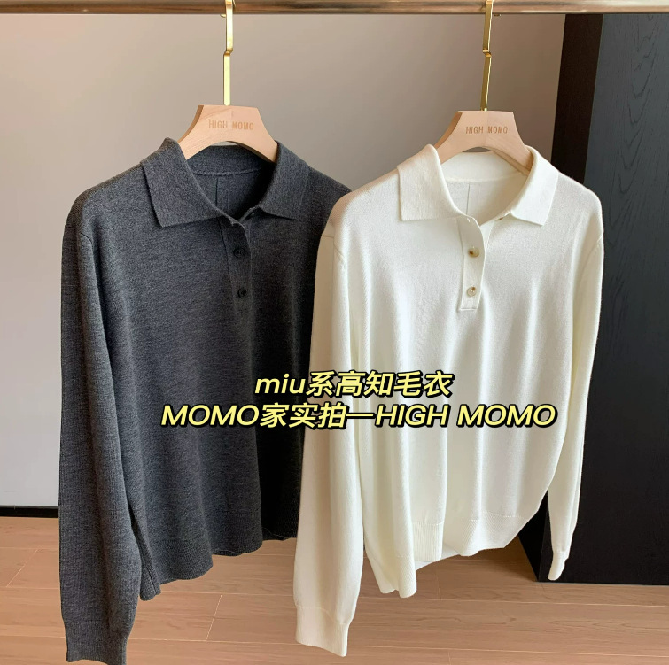 High-End Aesthetic! Fine-Spun Wool Half-Open Collar Simple Long-Sleeve Knit Sweater Top, Stylish Polo Shirt Aa510