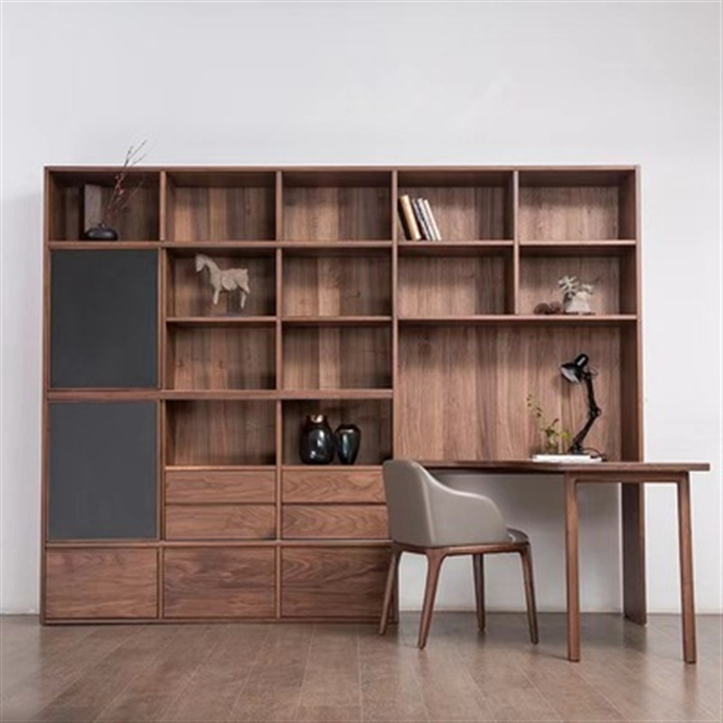 Black walnut wood solid wood bookcase desk integrated wall modern minimalist bookshelf combination corner computer desk