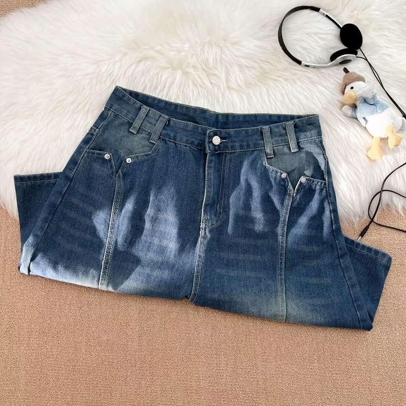 Retro-Jeansshorts im Used-Look, japanische Spleißtechnik, trendige gerade geschnittene Hose mit Fünf-Punkt-Schnitt, lässiges Sommerdesign_voghion.com