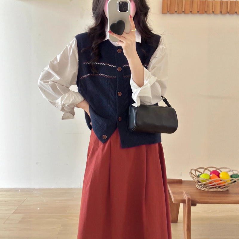 2025早秋新款韩系圆领针织开衫马甲女宽松复古无袖叠穿坎肩背心潮|undefined