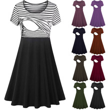 2023亚马逊新款春夏季孕妇连衣裙圆领拼接 哺乳连衣裙喂奶装