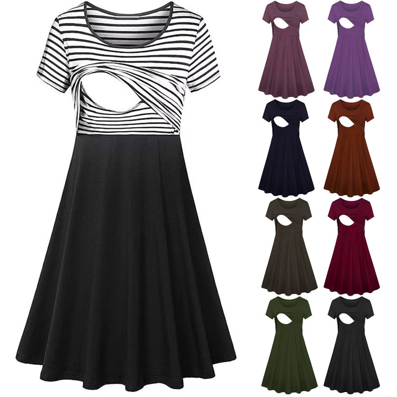 2023 Amazon New Spring and Summer Pregnant Women's Dress Crewneck Stitching Breastfeeding Dress