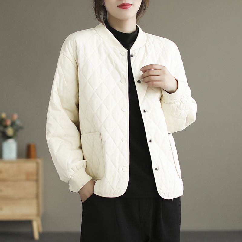 2025新款复古文艺冬季棒球领菱格夹棉棉衣宽松休闲棉服外套上衣女|undefined