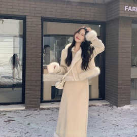 秋冬新款女装小香风加绒加厚外套高腰半身短裙秋冬仿鹿皮绒夹棉时