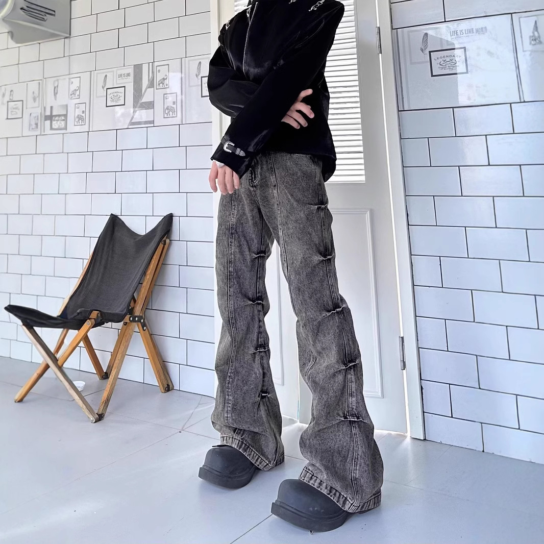 American High Street Vintage Worn-out Earth-tone Washed Pleated Flared Jeans Men's Wide-leg Trendy Long Pants_mkmklike.com