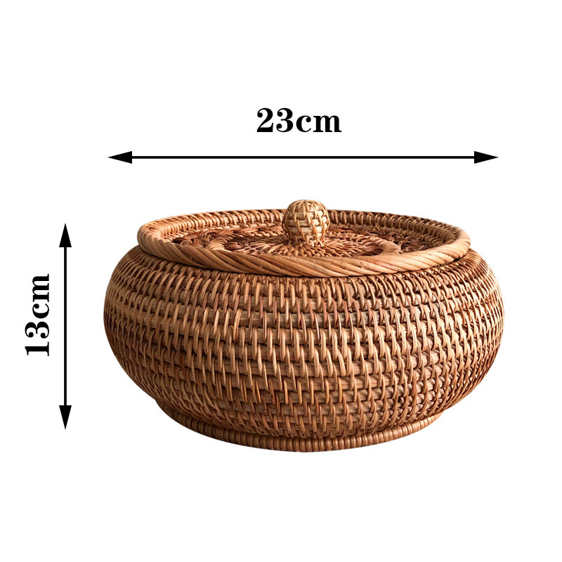 Cesta de almacenamiento de caña tejida de caña cubierta caja de almacenamiento de escritorio caja de pastel de té mesa de té bocadillos de frutas pan al vapor retrógrado sopa