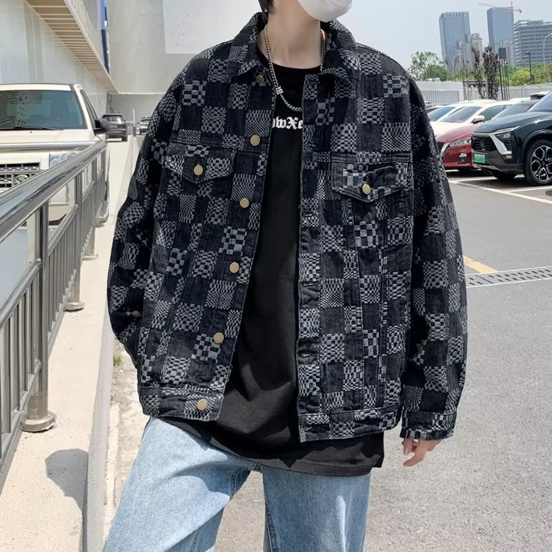 High-end Sense Personalized Jacquard Denim Jacket Men's Autumn and Winter Couple Men's and Women's Loose Chessboard Plaid Casual Jacket Trendy