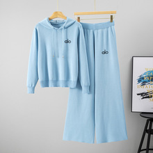 跨境欧洲站气质连帽毛衣阔腿裤两件套休闲运动宽松针织套装女秋冬