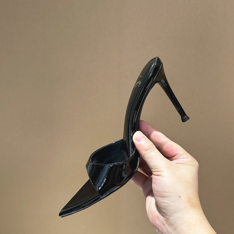 Black Patent Leather High-Heeled Slip-On Sandals for Women, 2026 Summer New Style, Pointed Open-Toe Fashion Versatile Stiletto Heels for Outdoor Wear Black Patent Leather High-Heeled Slip-On Sandals for Women, 2026 Summer New Style, Pointed Open-Toe Fashion Versatile Stiletto Heels for Outdoor Wear