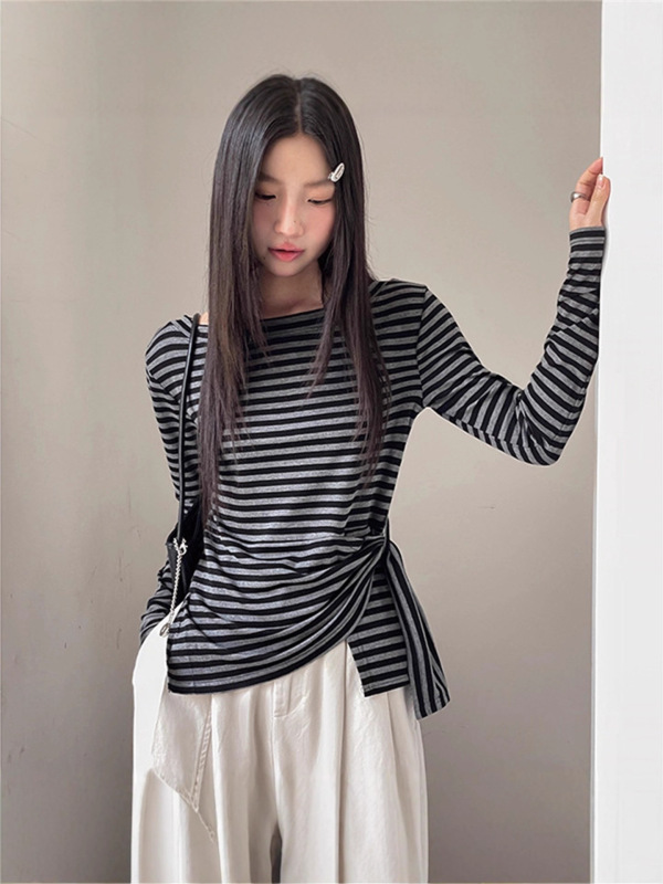 韩系设计感一字肩长袖T恤女2025早秋新款修身显瘦百搭上衣女|undefined