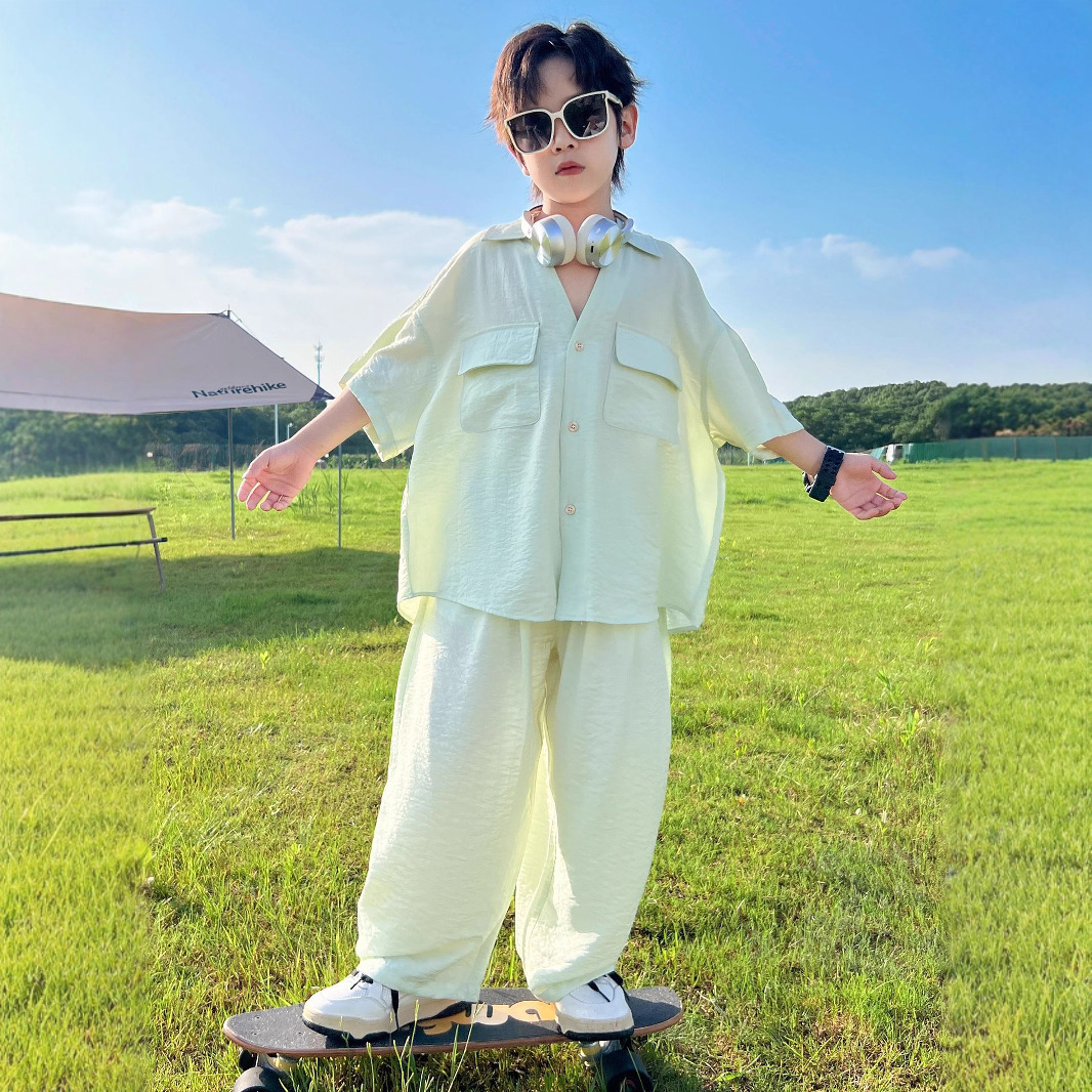 Boys' Shirt Set Summer Outfit 2026 New Summer Style Children's Ice Silk Short-Sleeve Cool-Feel Boys' High-End Two-Piece Set
