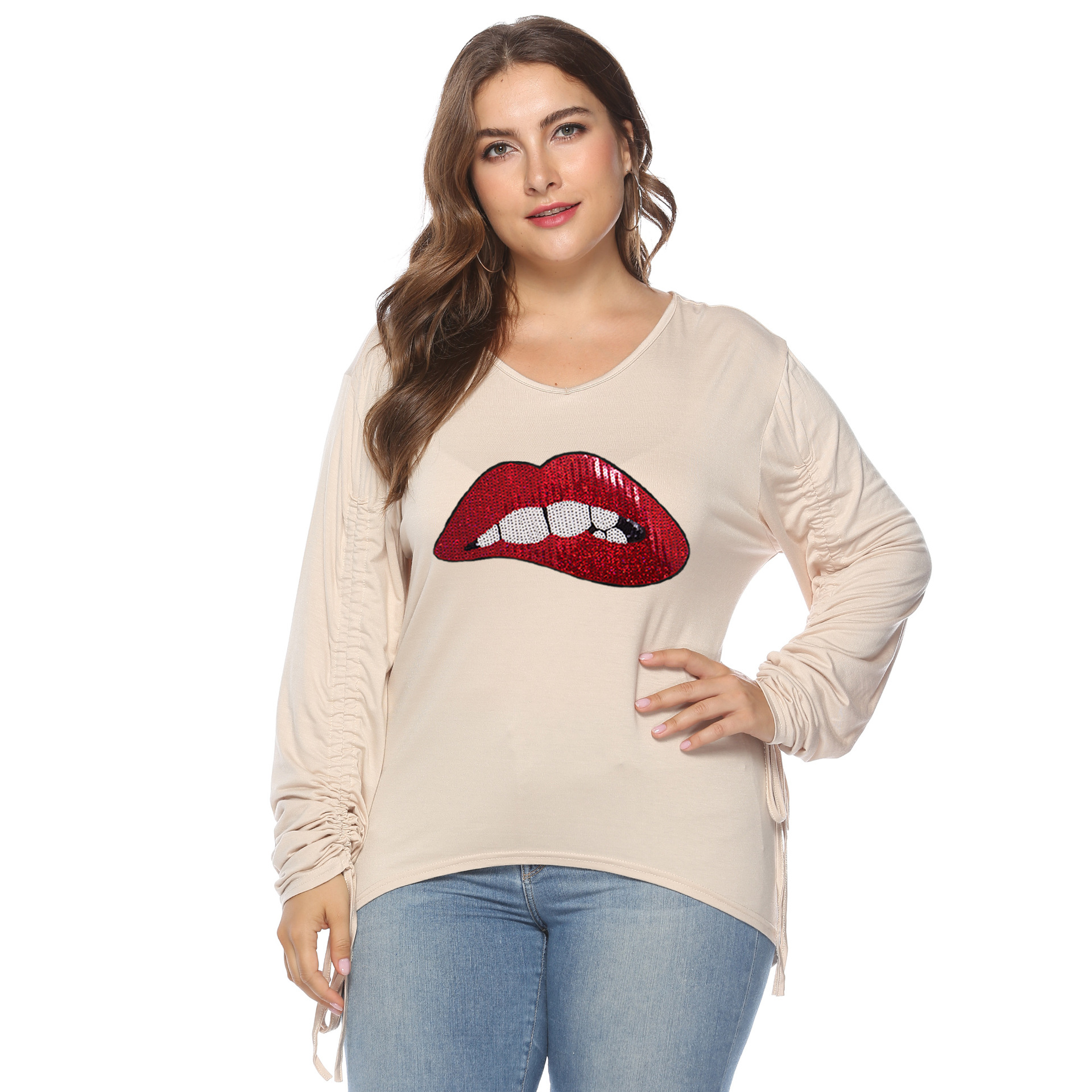 plus size lip print V-neck sequined drawstring long sleeves T-shirt NSOY125380