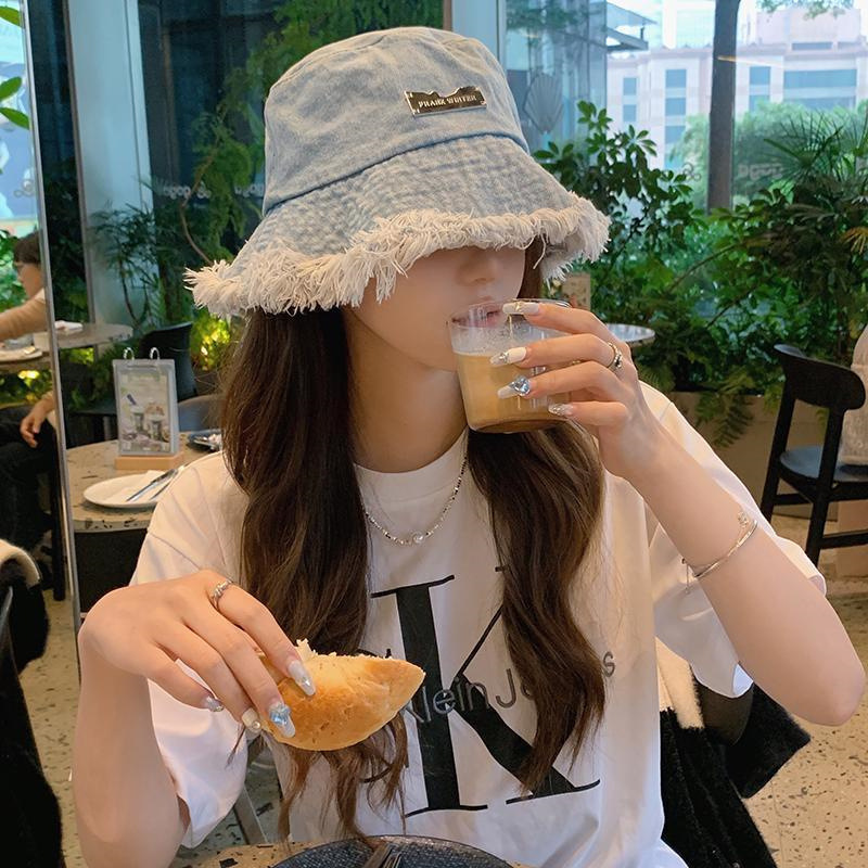 春夏季水洗牛仔渔夫帽女百搭大檐毛边流苏休闲盆帽网红高颜值帽子|undefined