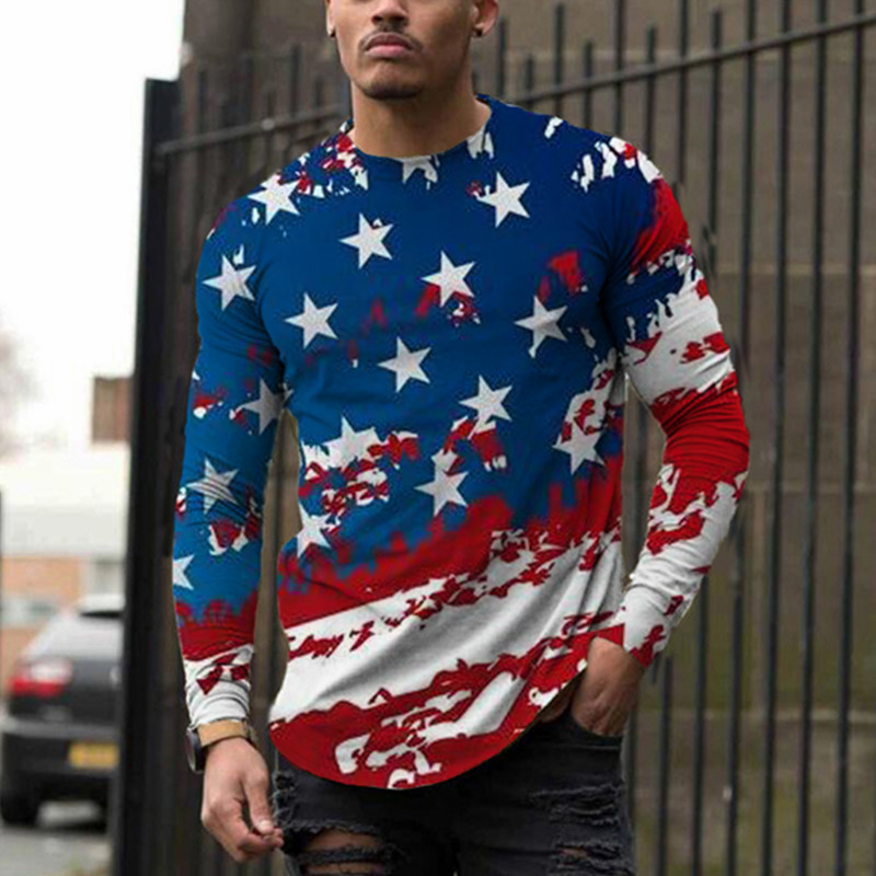 Spring and Autumn cross-border new casual 3d flag printed men's cool round neck long sleeve top T-shirt 2024 New