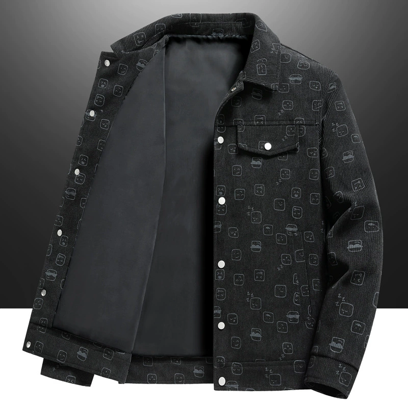 Новая Вельветовая мужская куртка с полным принтом на весну и осень, модное универсальное красивое пальто с лацканами для молодых и средних лет в Корейском стиле для мужчин