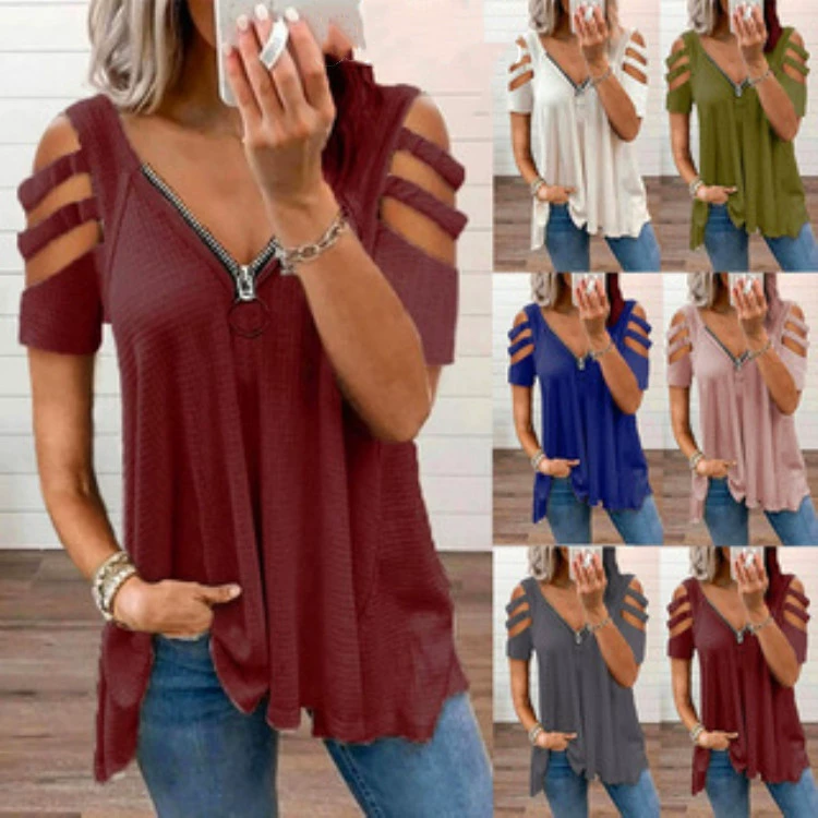 Желаю AliExpress независимой станции eBay 2023 Летняя Европа и США новая сексуальная Однотонная футболка с V-образным вырезом на молнии с короткими рукавами