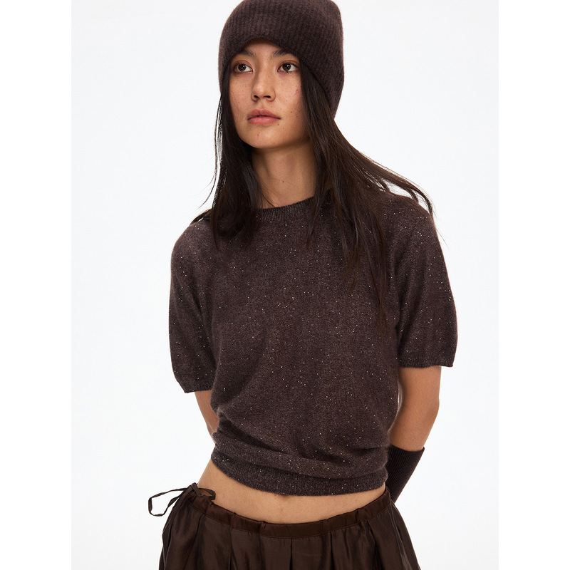 DT ETOLIE Shiny Silk Light Luxury Soft Knit Short Sleeve Top for Women, Autumn Puff Sleeve T-Shirt, Women's Clothing M8434