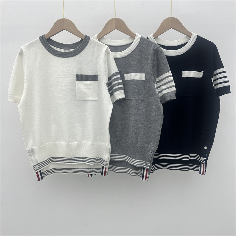 Summer New College Style Round Neck Contrast Color Pullover Chest Pocket Front Short Sleeve Back Long Striped Short Sleeve Knitted T-Shirt