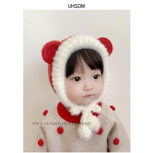 Baby hat autumn and winter fleece-lined girls' lace-up toe cap cute bear ears winter windproof warm earmuffs cap