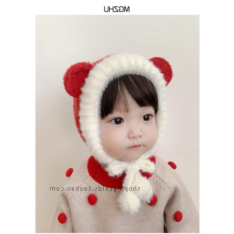 Baby Hat for Autumn/Winter with Fleece Lining, Girls, Tie-on, Full-head Hat, Cute Bear Ears, Winter Windproof and Warm Ear Hat