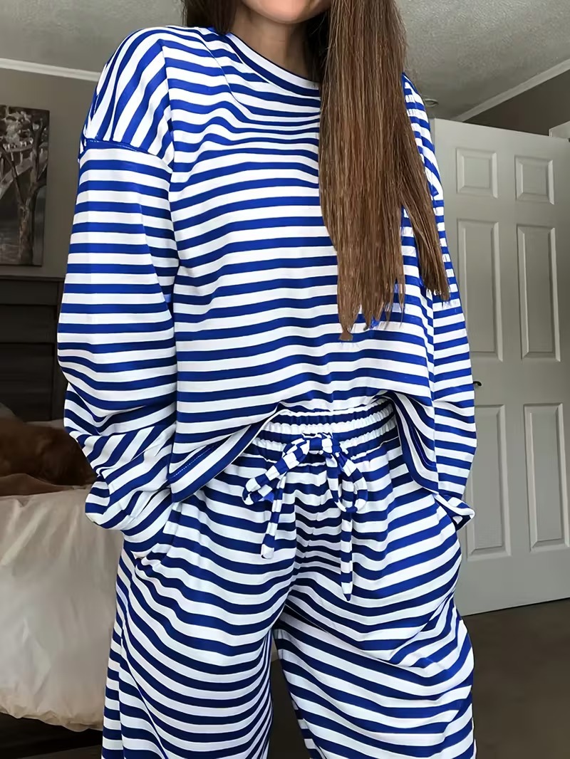 Spring Striped Casual Two-Piece Set: Long-Sleeved Top and High-Waisted Pants