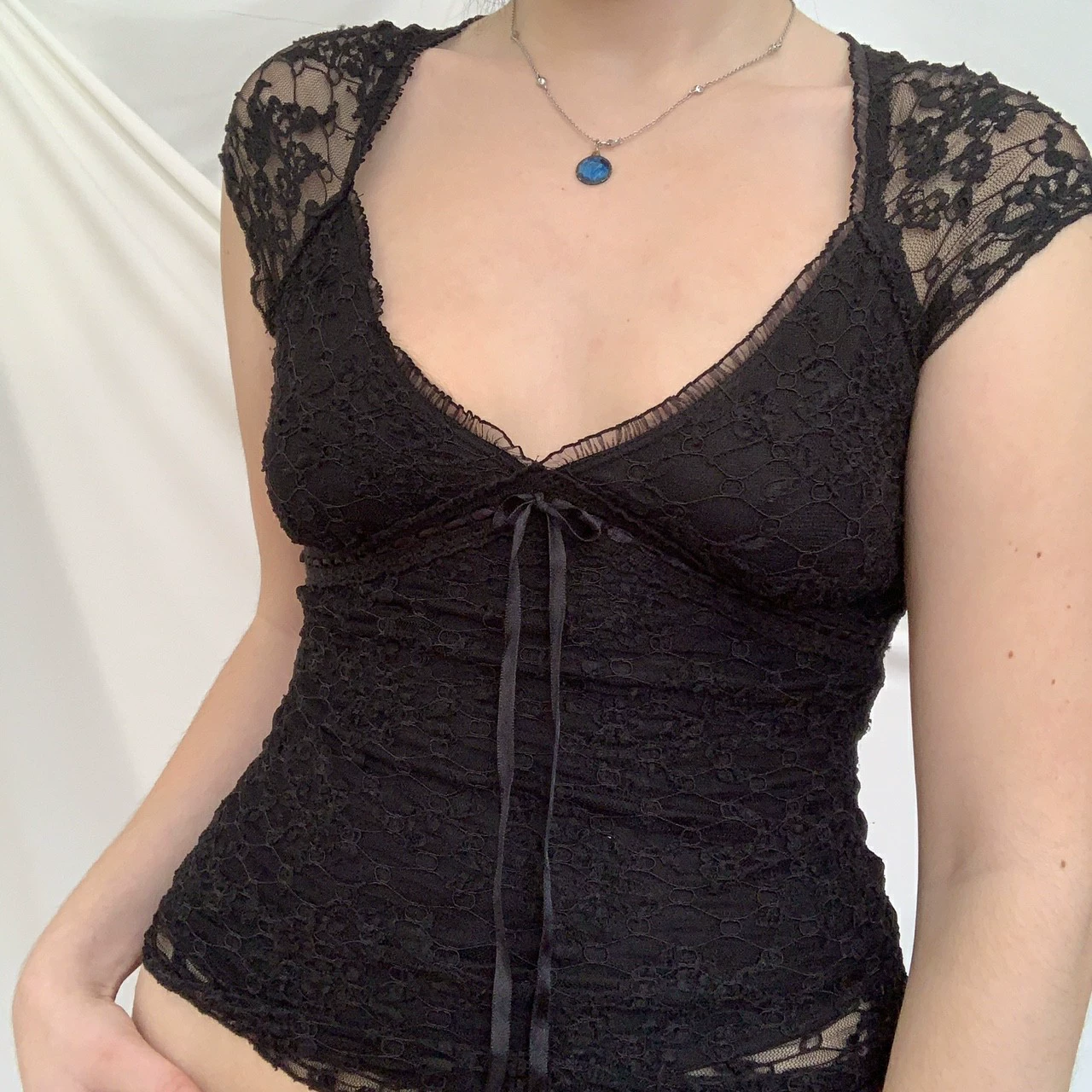 Lace V-neck Short Sleeve Top (Women), Double-Layer Slim Pullover, Solid Black