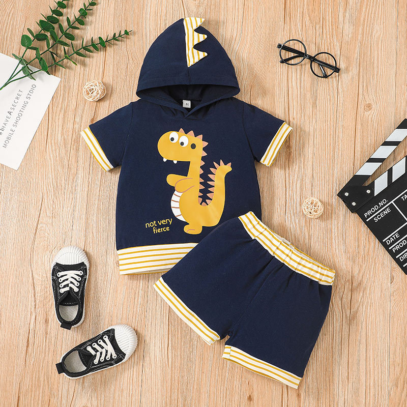 Girls Hooded Dinosaur Print Children's Striped Cartoon Shorts 2-piece Set display picture 10