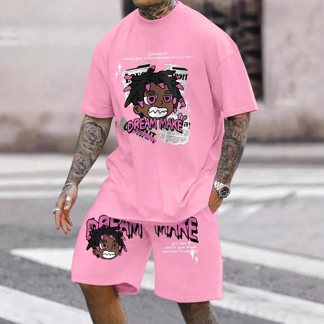 Divertido hip-hop chico estampado 3D venta caliente traje de hombre camiseta traje de hombre cuello redondo pantalones cortos con cordón de manga corta