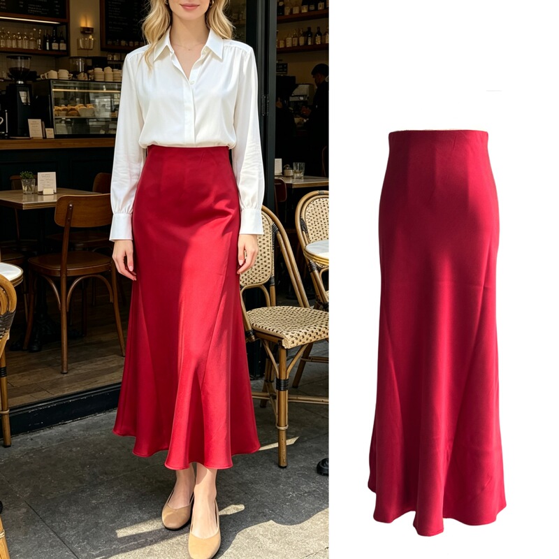 Rum Daisy Mature Retro Style Sand-Washed Silk Satin Deep Red Solid Color Skirt Rum Daisy Mature Retro Style Sand-Washed Silk Satin Deep Red Solid Color Skirt
