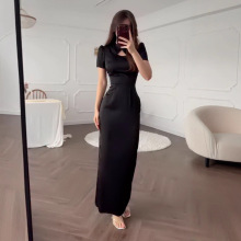 2025秋季亚马逊新款欧美跨境女装优雅旗袍领收腰一步裙长款连衣裙