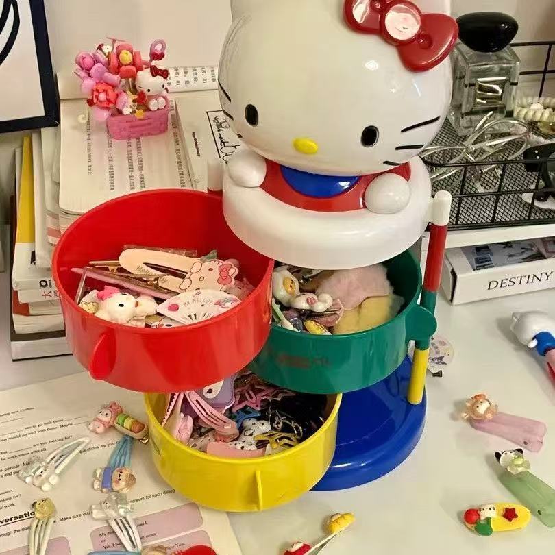[Large Size and High Quality] Hellokitty Storage Box Rotating Three-Layer Opening Storage Kt Jewelry Box Dressing Table