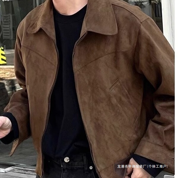 Cross-Border Fashion American Retro Brown Suede Jacket Men's Spring and Autumn Short Pilot Jacket Dark Brown