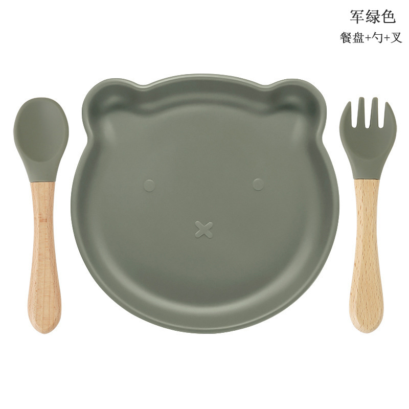 Bebé de alimentación placa cuchara Tenedor traje grado alimenticio silicona Integrado placa niños dibujos animados oso vajilla materna y infantil