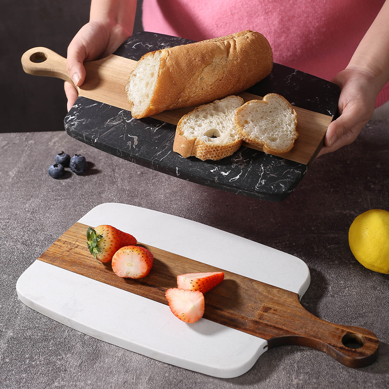 Empalme de mármol, tipo de raqueta de madera de acacia, tabla de cortar para el hogar, tabla de cortar, cocina occidental creativa, fabricante de placa plana, lugar transfronterizo