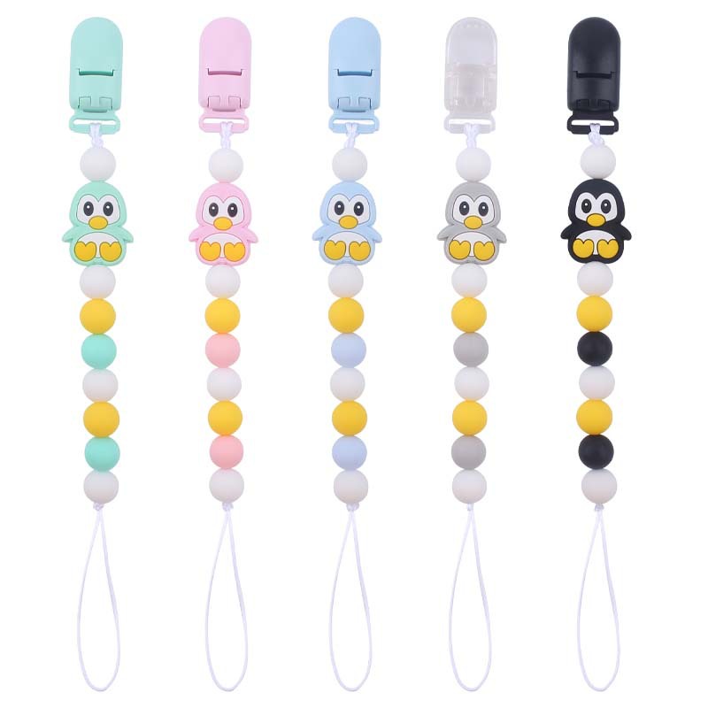 Nuevo bebé suministros chupete cadena bebé creativo de dibujos animados animal pingüino silicona mordedura pegamento anti-gota cadena