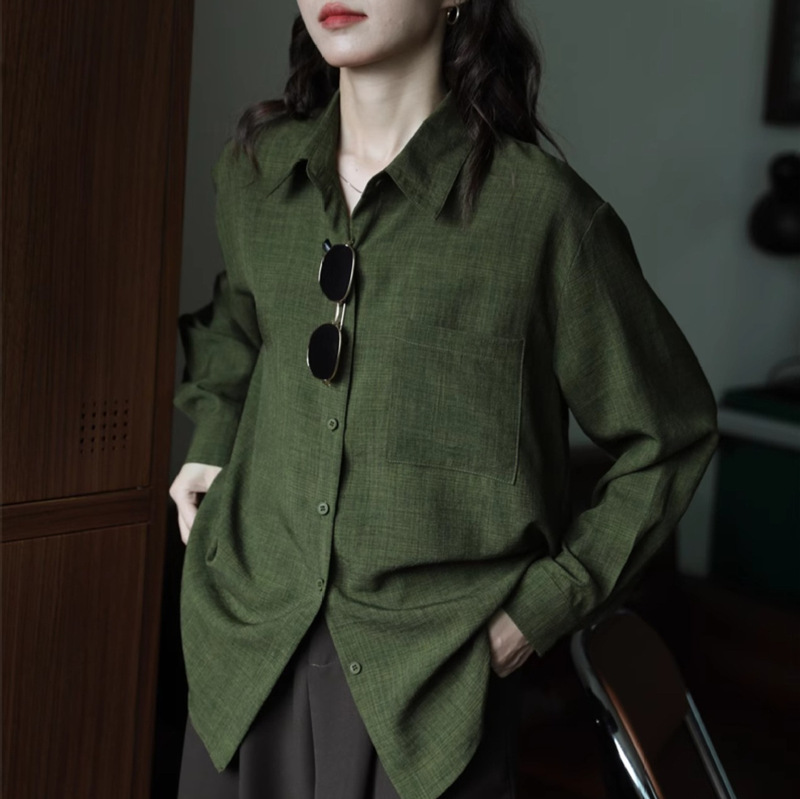 Green Design Sense Loose Retro Hong Kong Style Solid Color Long Sleeve Shirt Women's Slimming Autumn New Shirt Top