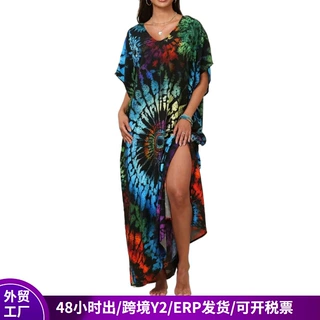 欧美女装连衣裙女夏长裙TEMU热销彩叶印花跨境波西米亚风罩衫裙子