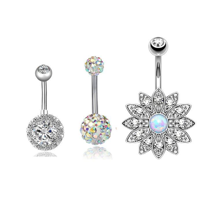 Rose Gold 3-Piece Stainless Steel Navel Ring Set with CZ Opal Diamond Inlay - Dangle Belly Button Jewelry detail image 1